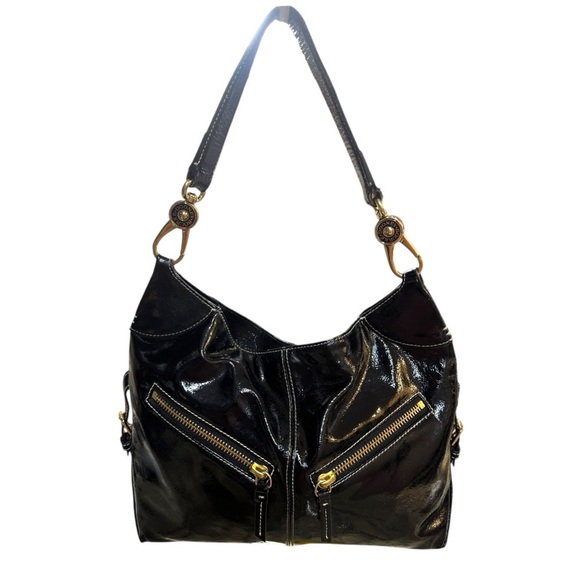 Dooney & Bourke Black Patent Leather Hobo Bag – Zip Pocket Slouch Style - Picture 1 of 16